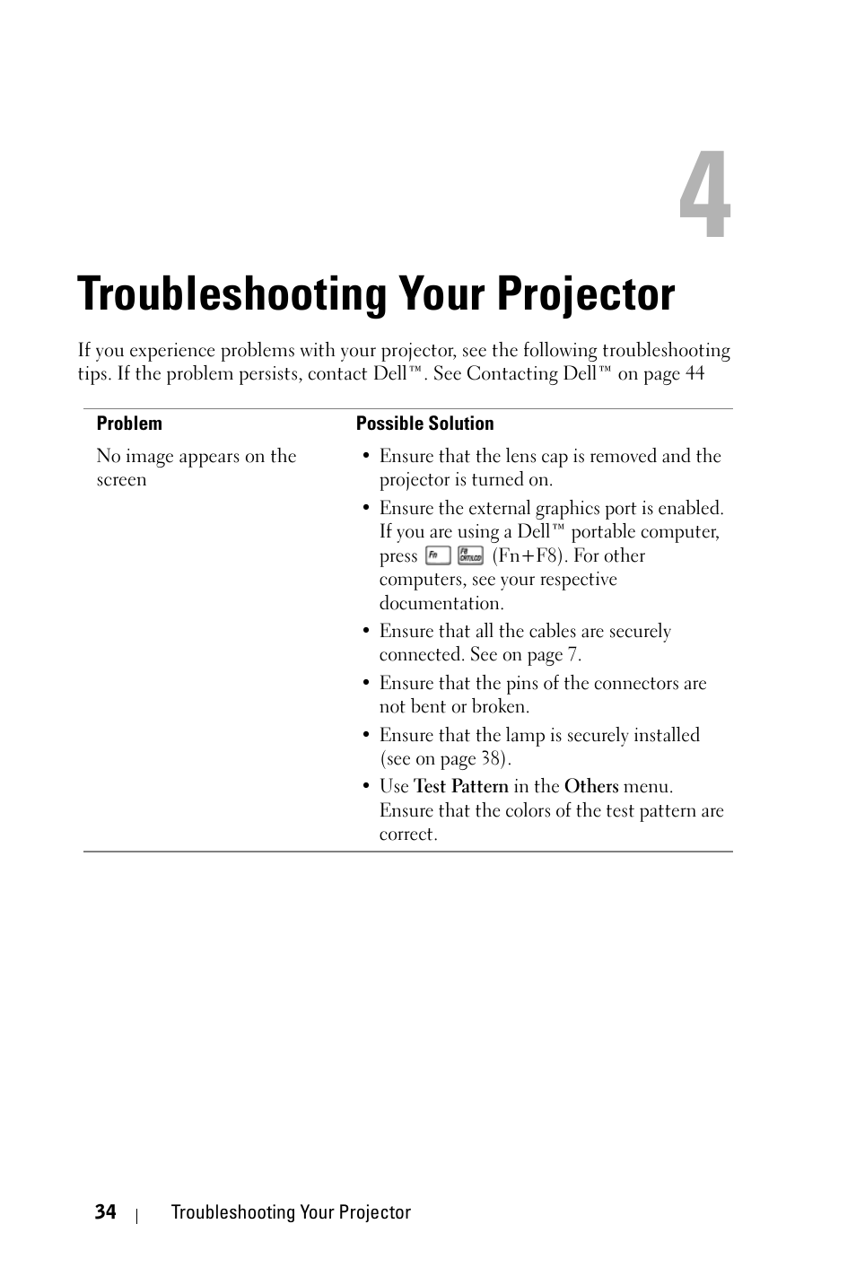 Troubleshooting your projector | Dell 1209S Projector User Manual | Page 34 / 49