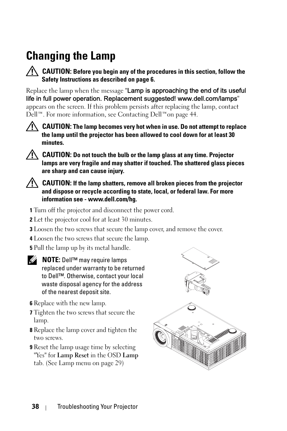 Changing the lamp | Dell 1209S Projector User Manual | Page 38 / 49