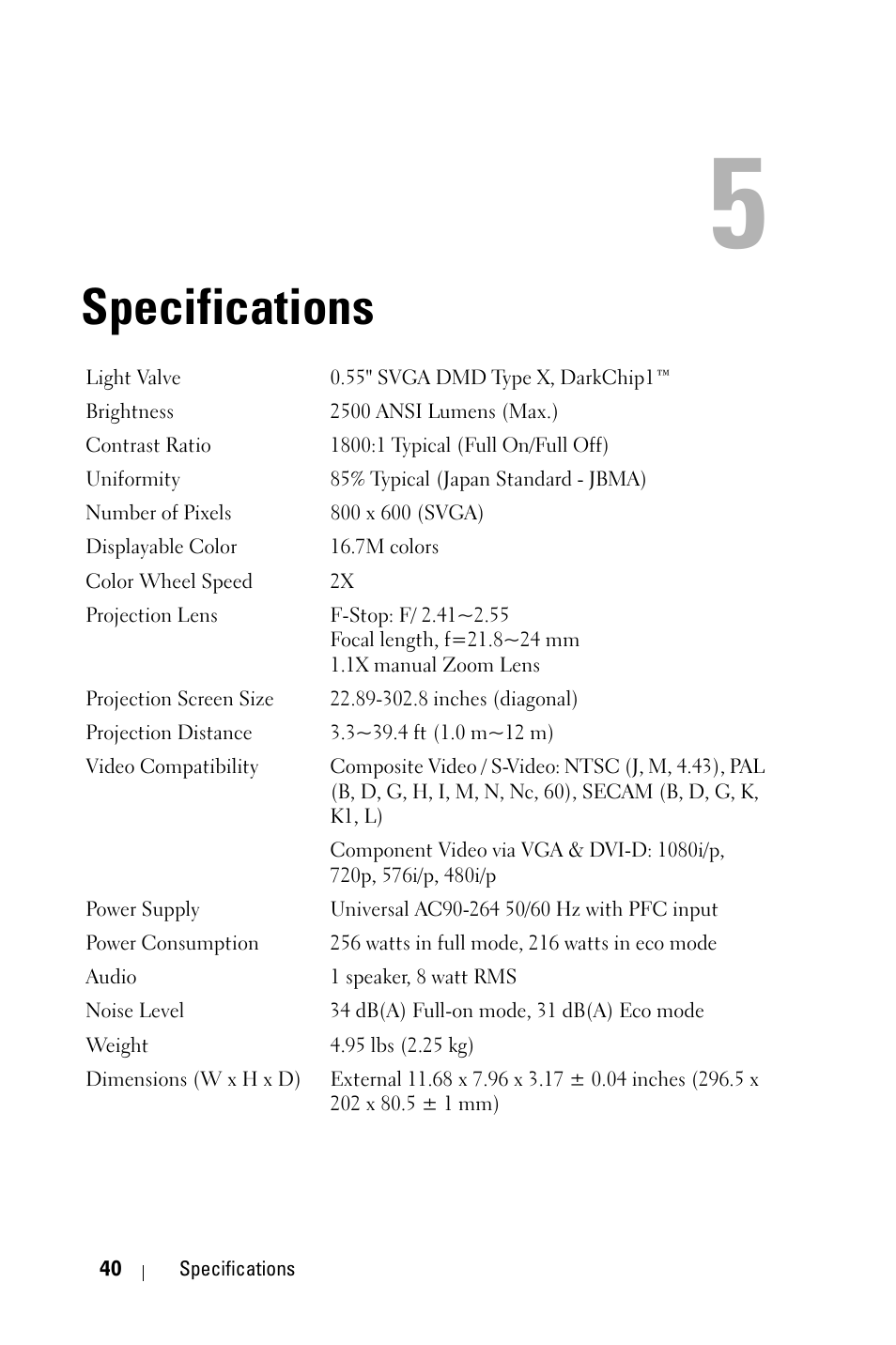 Specifications | Dell 1209S Projector User Manual | Page 40 / 49