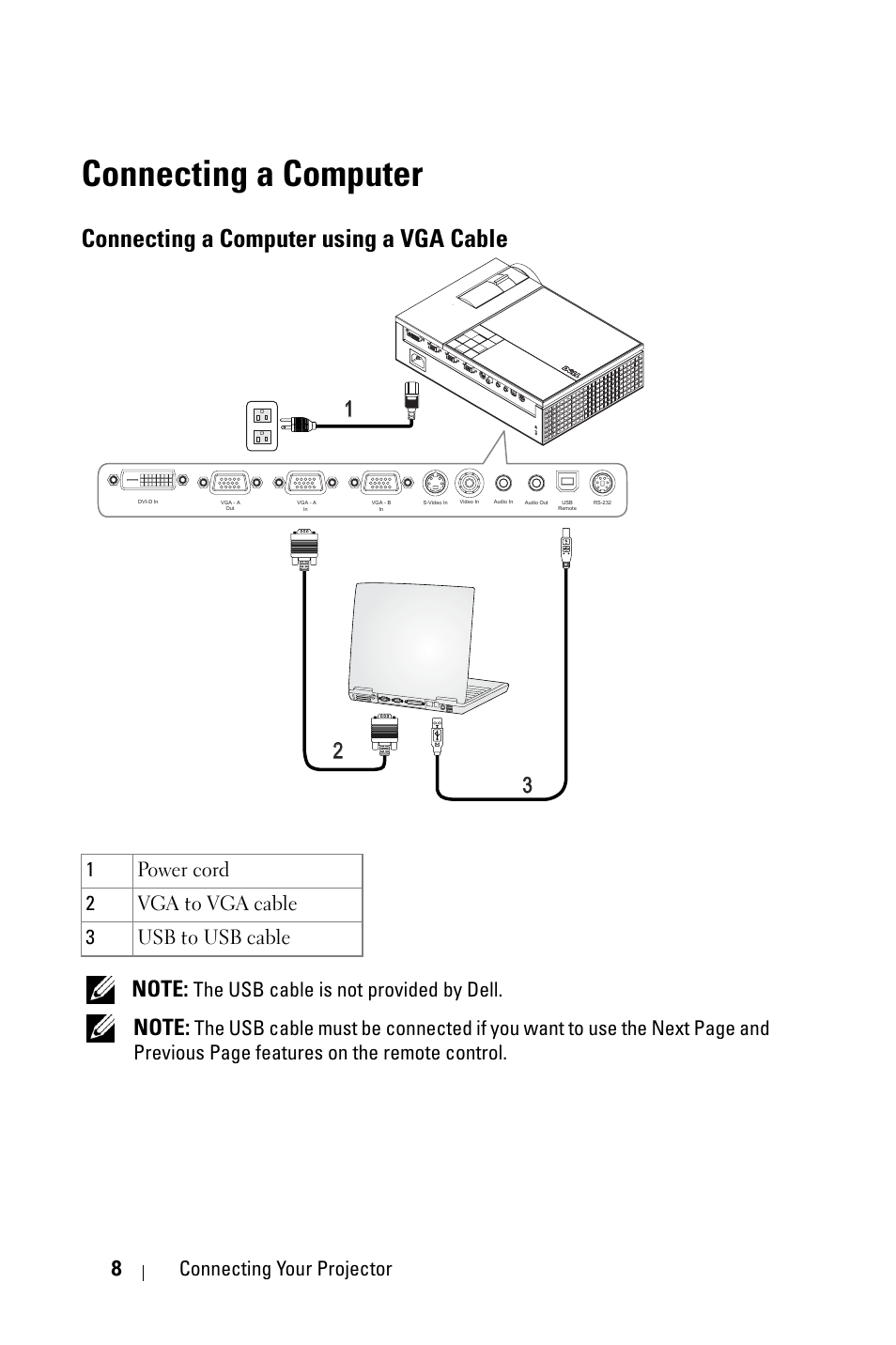 Connecting a computer, Connecting a computer using a vga cable, 8connecting your projector | The usb cable is not provided by dell | Dell 1209S Projector User Manual | Page 8 / 49