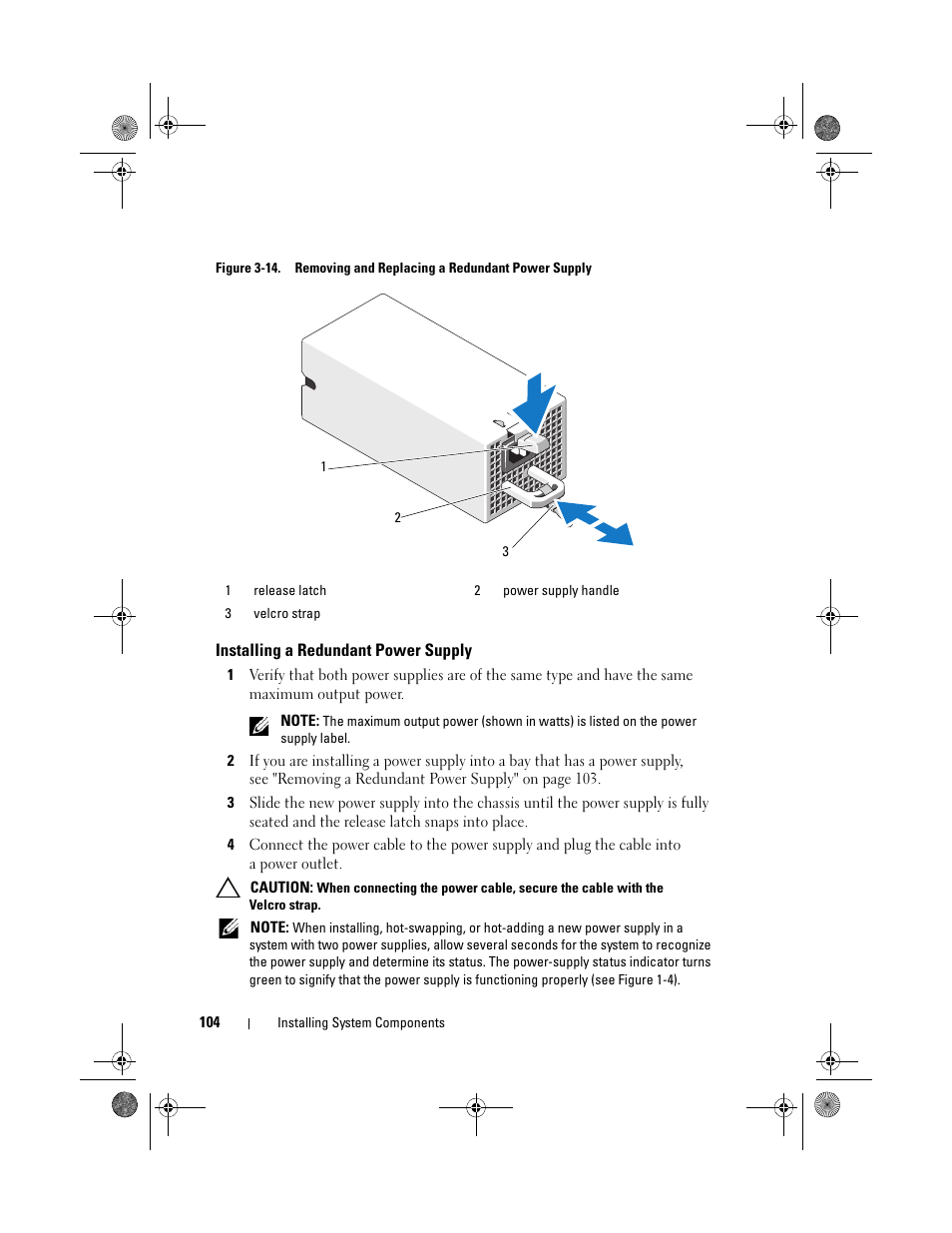 Installing a redundant power supply | Dell PowerEdge T310 User Manual | Page 104 / 194
