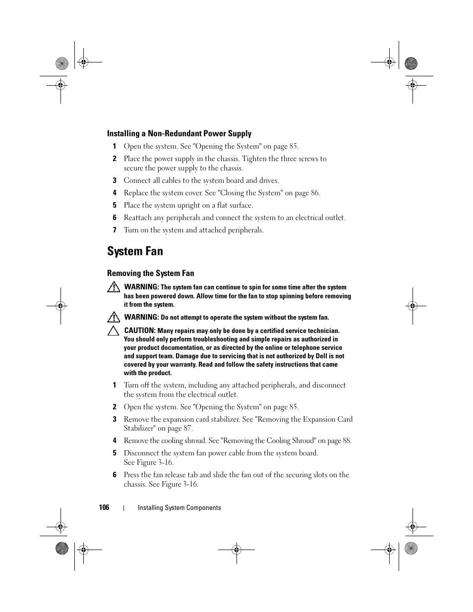 Installing a non-redundant power supply, System fan, Removing the system fan | Dell PowerEdge T310 User Manual | Page 106 / 194