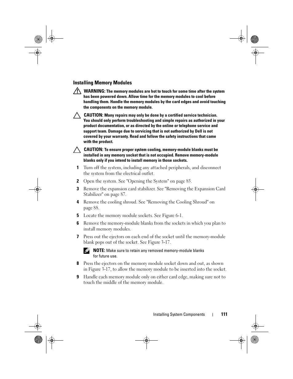 Installing memory modules | Dell PowerEdge T310 User Manual | Page 111 / 194