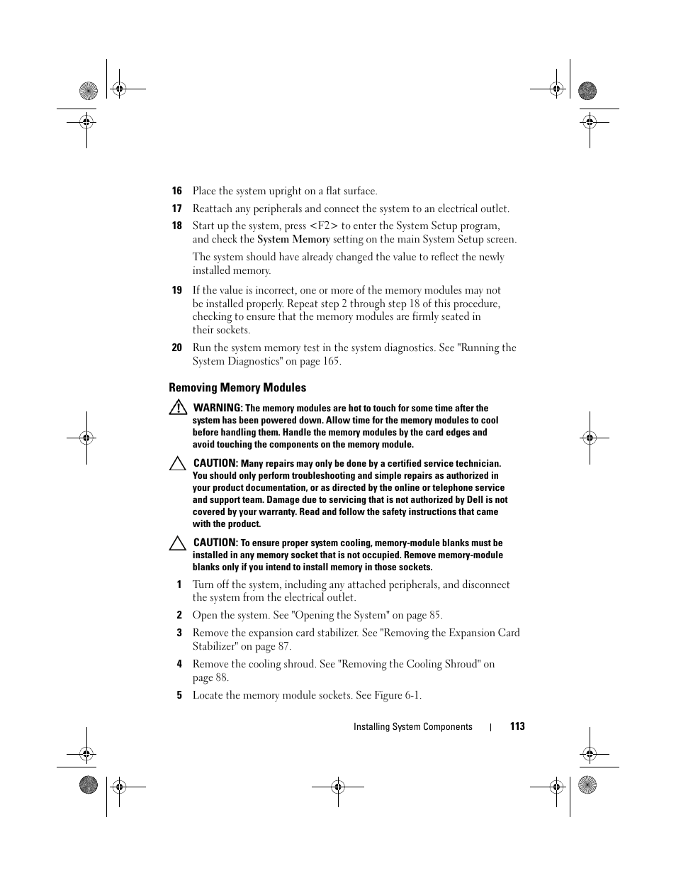 Removing memory modules | Dell PowerEdge T310 User Manual | Page 113 / 194