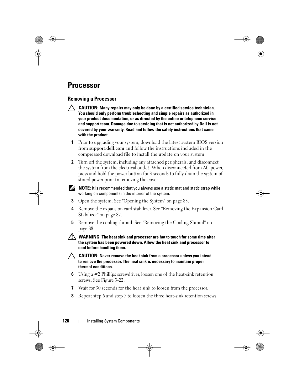 Processor, Removing a processor | Dell PowerEdge T310 User Manual | Page 126 / 194