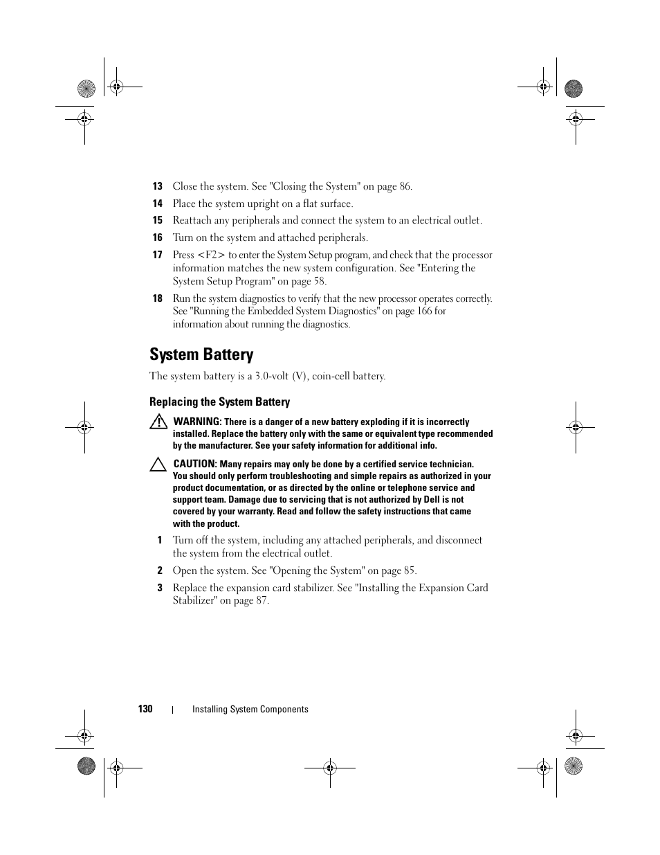 System battery, Replacing the system battery | Dell PowerEdge T310 User Manual | Page 130 / 194