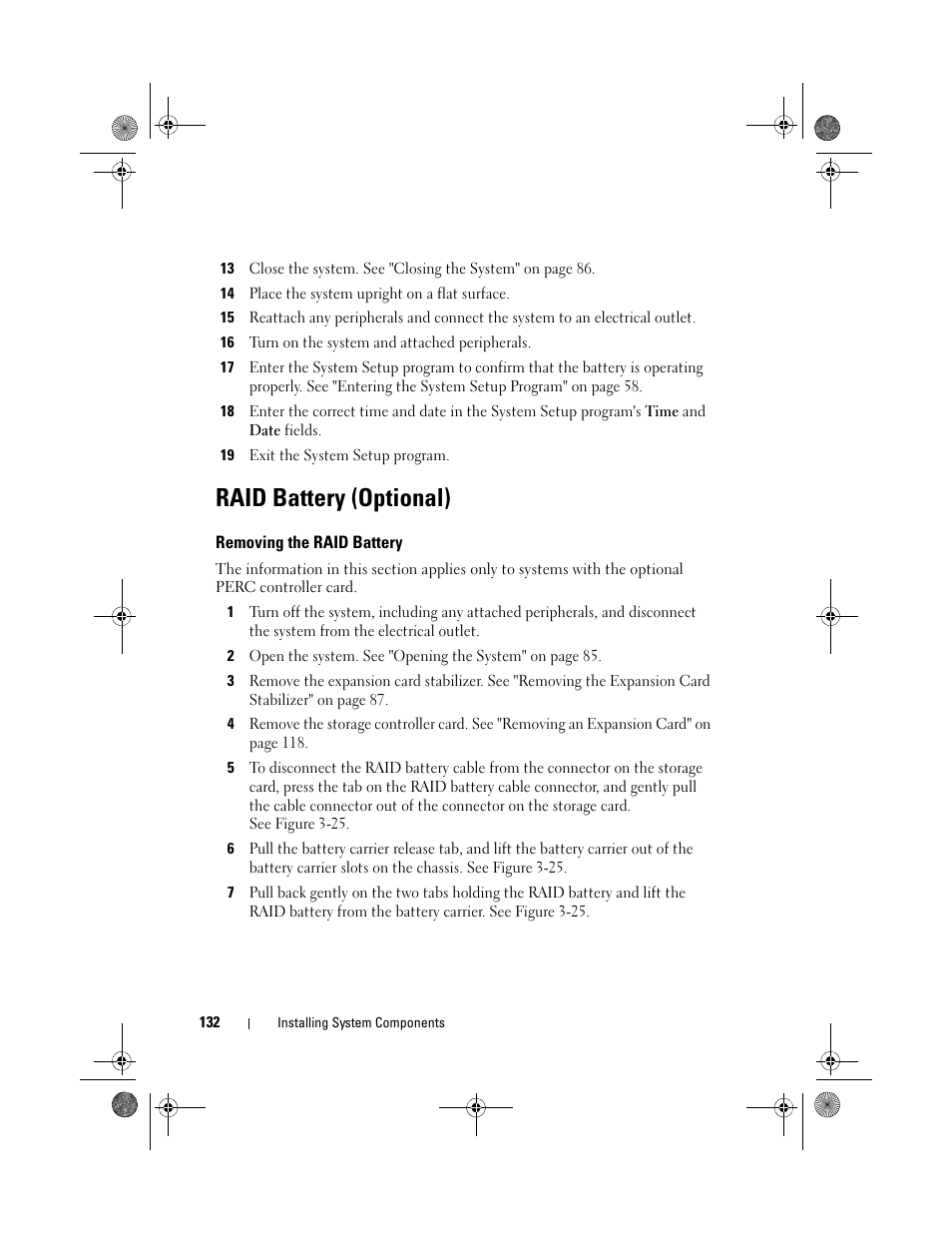 Raid battery (optional), Removing the raid battery | Dell PowerEdge T310 User Manual | Page 132 / 194