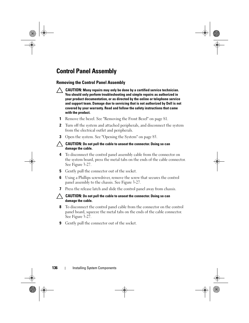 Control panel assembly, Removing the control panel assembly | Dell PowerEdge T310 User Manual | Page 136 / 194