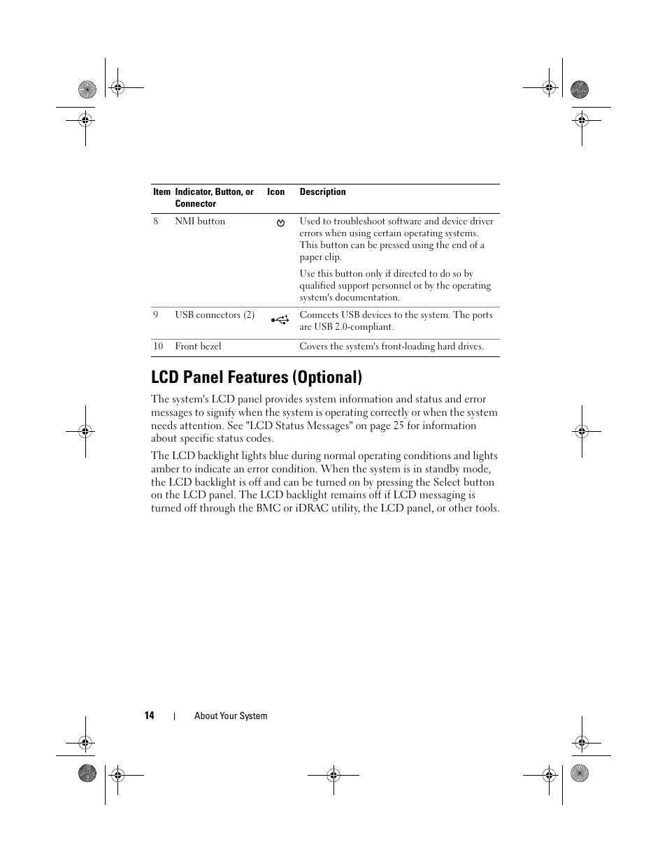 Lcd panel features (optional) | Dell PowerEdge T310 User Manual | Page 14 / 194