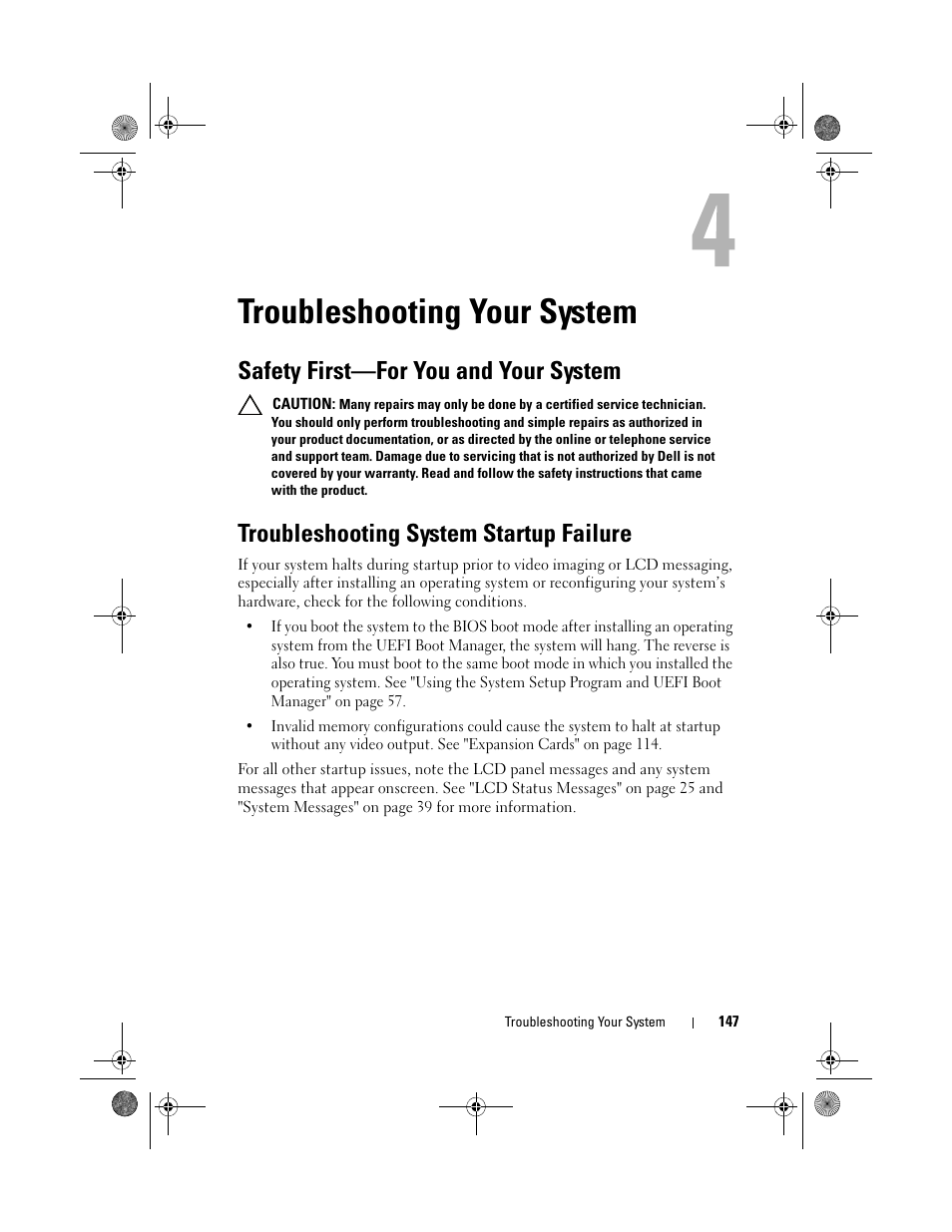 Troubleshooting your system, Safety first-for you and your system, Troubleshooting system startup failure | Safety first—for you and your system | Dell PowerEdge T310 User Manual | Page 147 / 194
