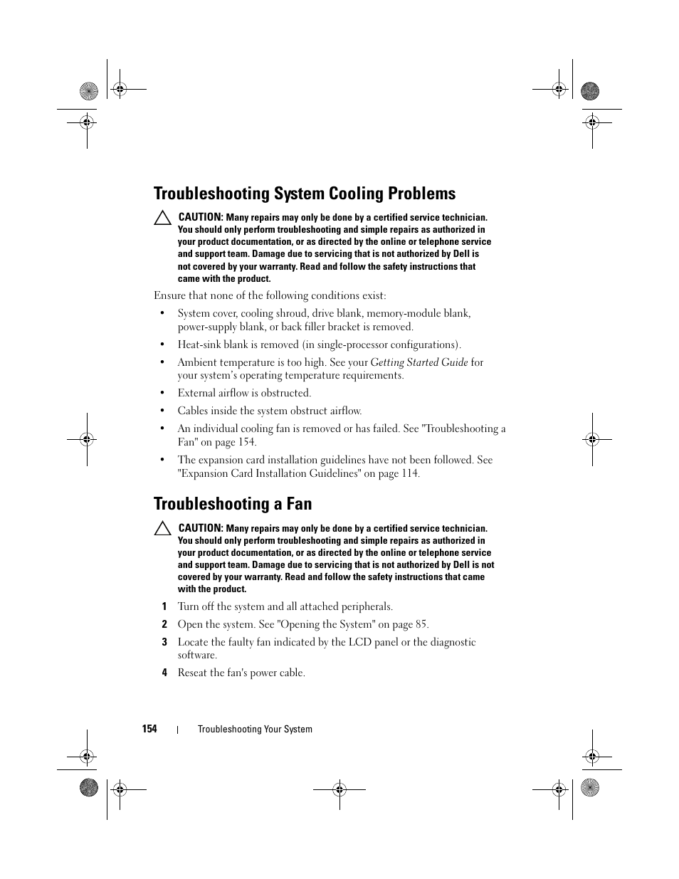 Troubleshooting system cooling problems, Troubleshooting a fan | Dell PowerEdge T310 User Manual | Page 154 / 194