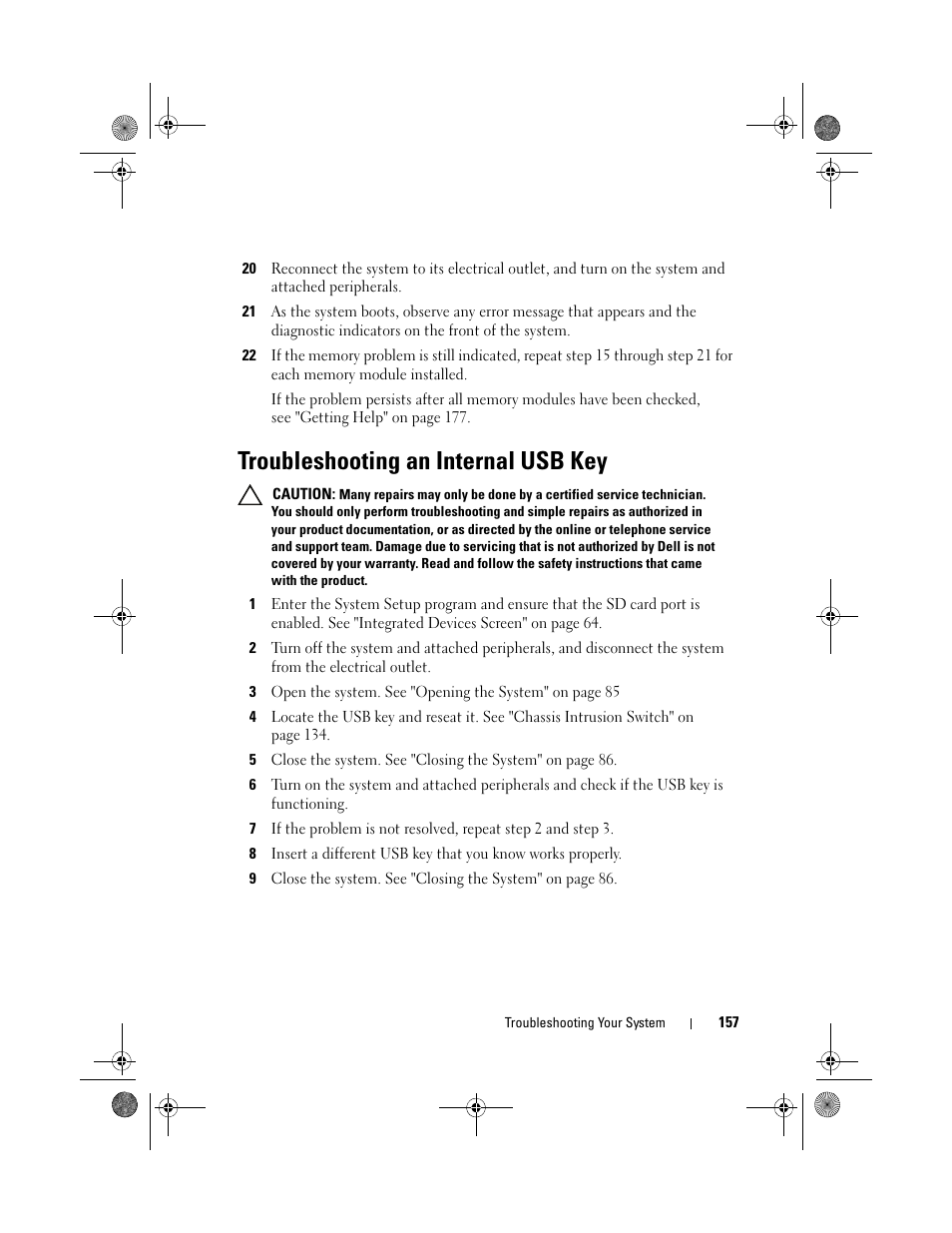 Troubleshooting an internal usb key | Dell PowerEdge T310 User Manual | Page 157 / 194