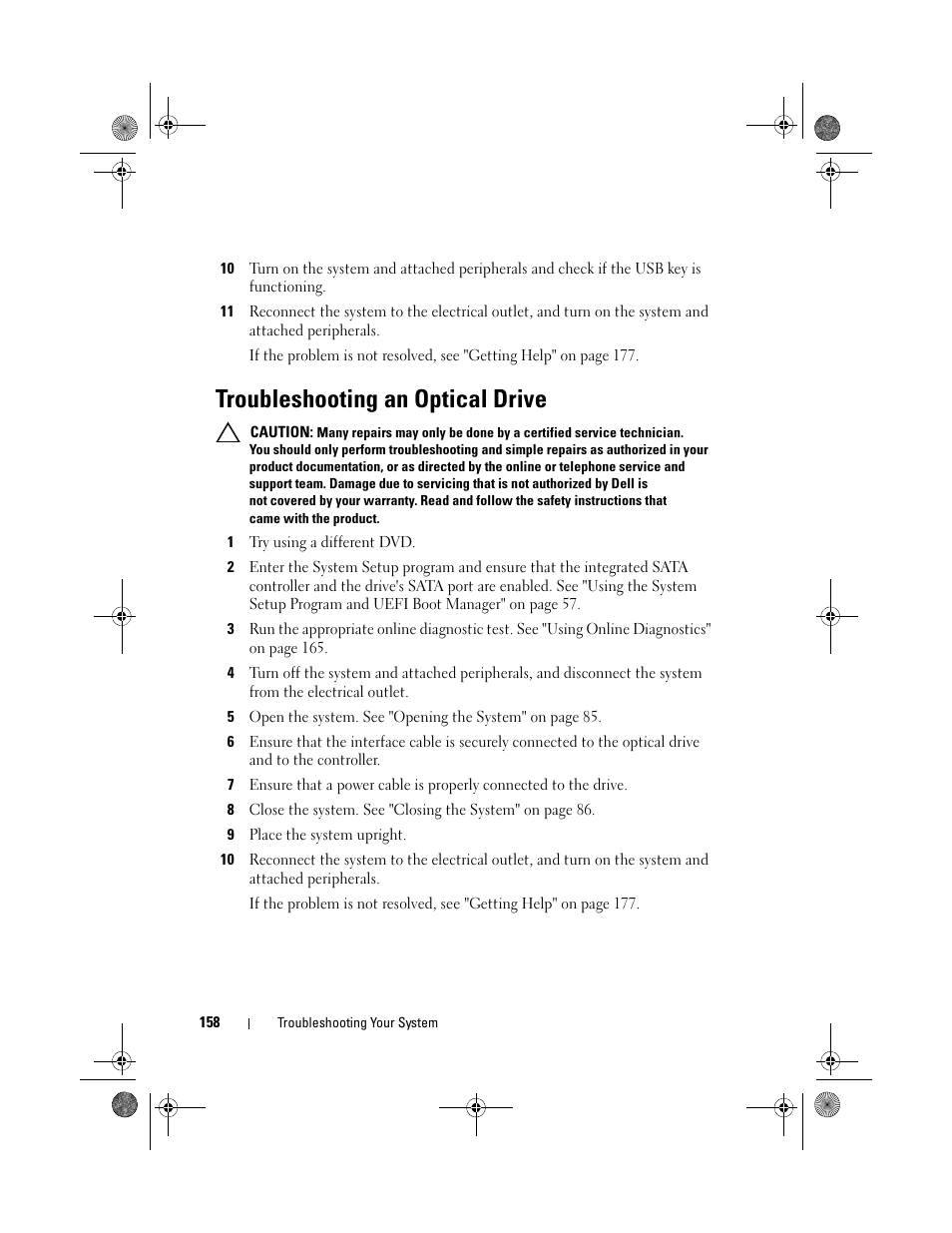 Troubleshooting an optical drive | Dell PowerEdge T310 User Manual | Page 158 / 194