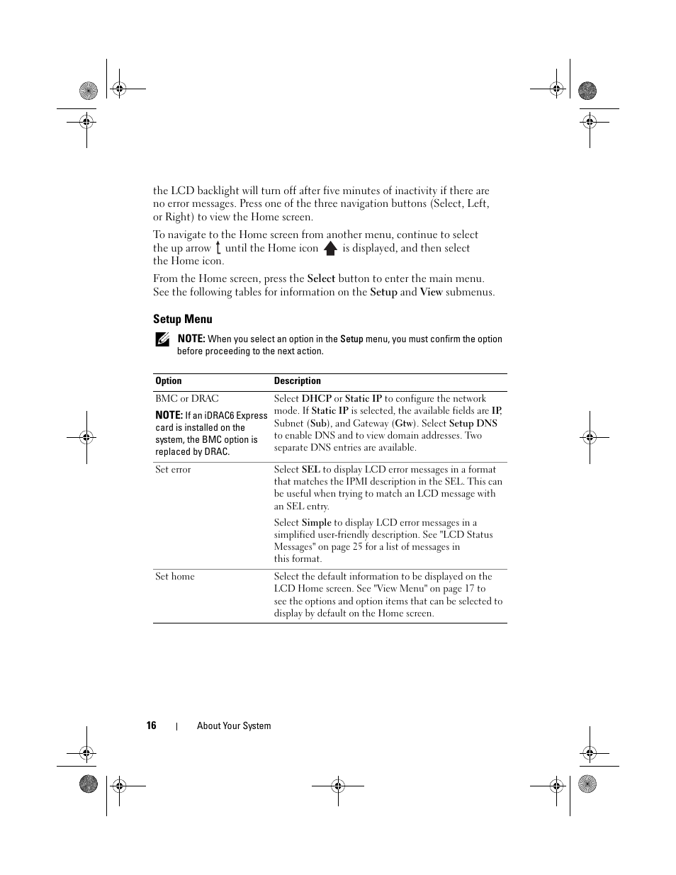 Setup menu | Dell PowerEdge T310 User Manual | Page 16 / 194