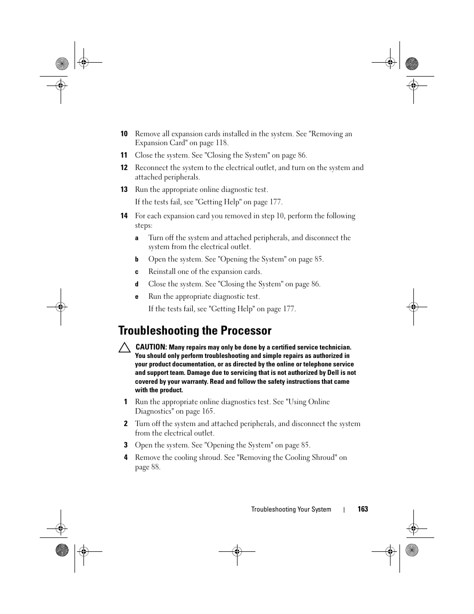 Troubleshooting the processor, See "troubleshooting the | Dell PowerEdge T310 User Manual | Page 163 / 194