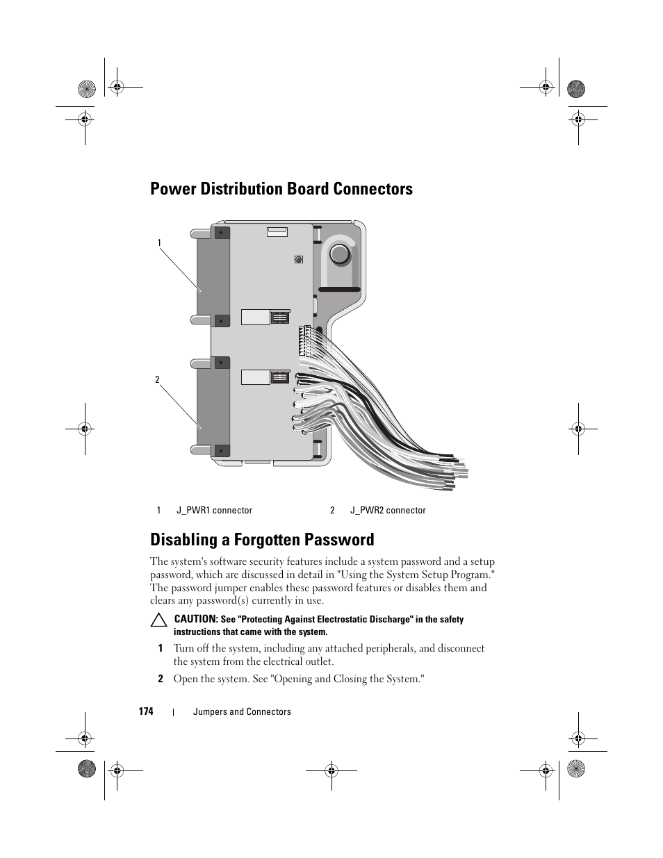 Power distribution board connectors, Disabling a forgotten password | Dell PowerEdge T310 User Manual | Page 174 / 194