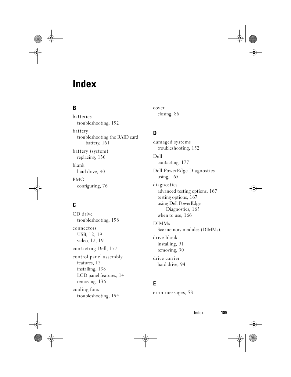 Index | Dell PowerEdge T310 User Manual | Page 189 / 194