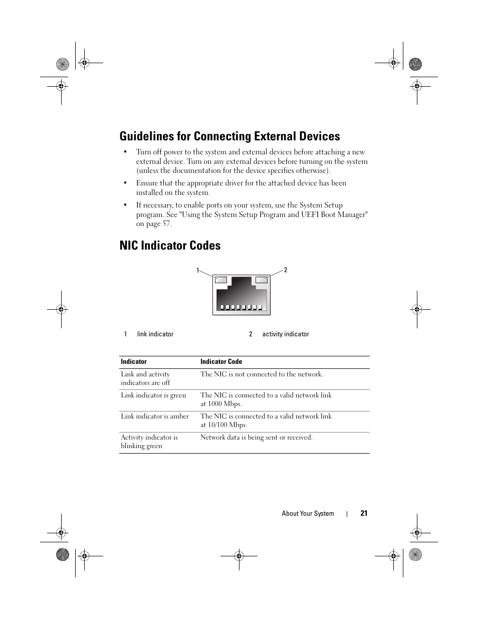Guidelines for connecting external devices, Nic indicator codes | Dell PowerEdge T310 User Manual | Page 21 / 194
