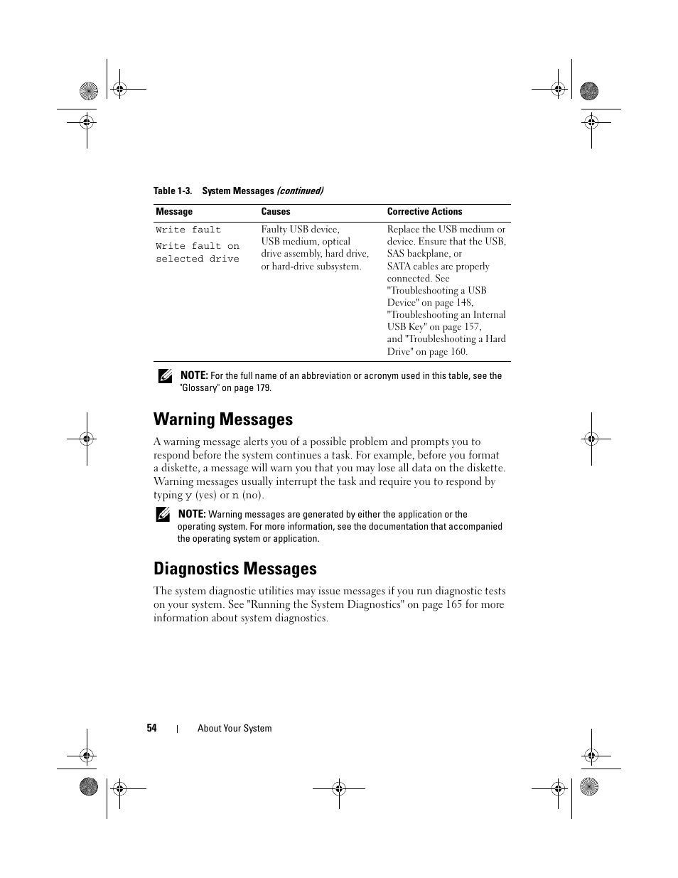 Warning messages, Diagnostics messages | Dell PowerEdge T310 User Manual | Page 54 / 194