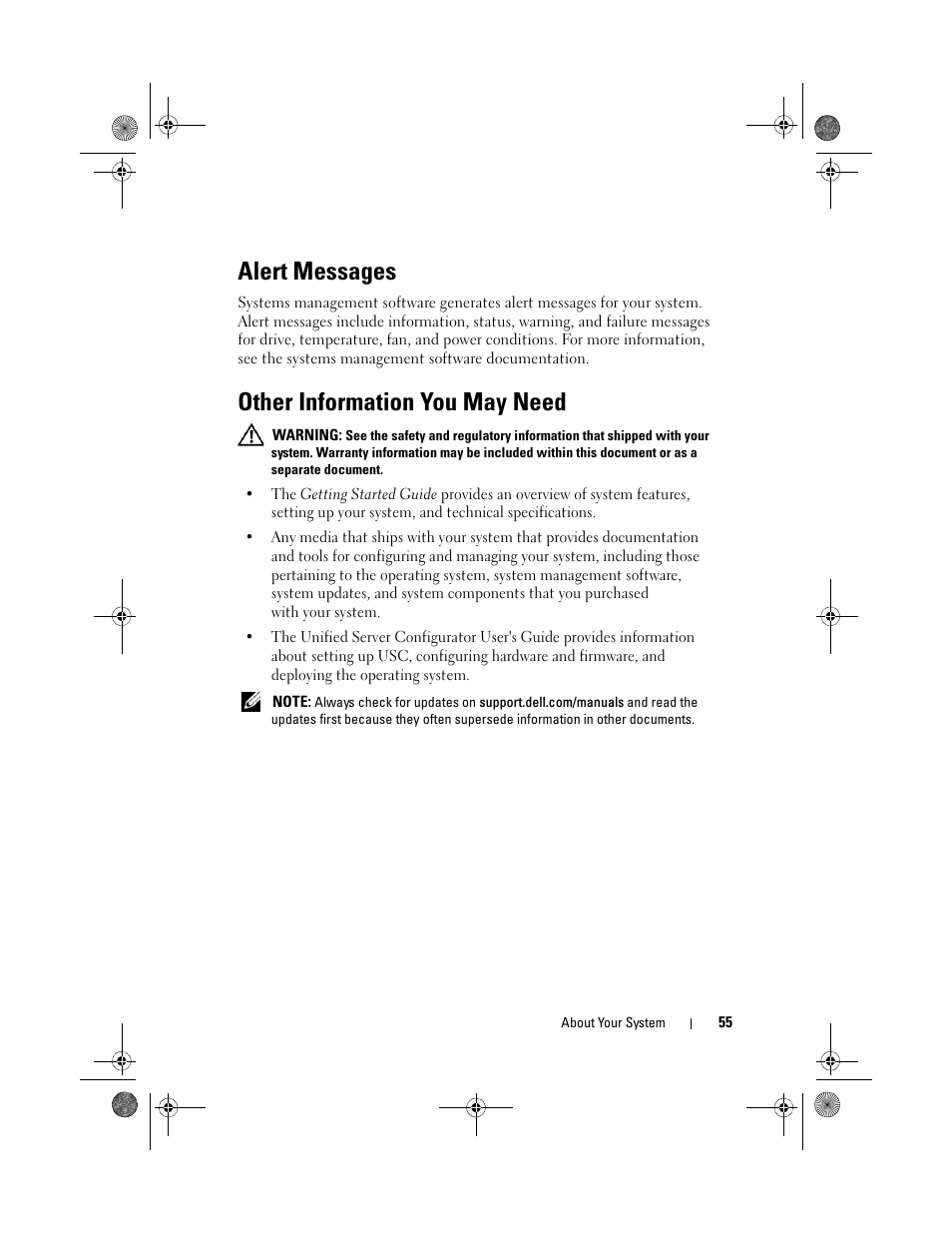 Alert messages, Other information you may need | Dell PowerEdge T310 User Manual | Page 55 / 194