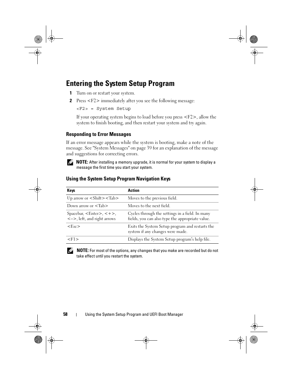 Entering the system setup program, Responding to error messages, Using the system setup program navigation keys | Dell PowerEdge T310 User Manual | Page 58 / 194