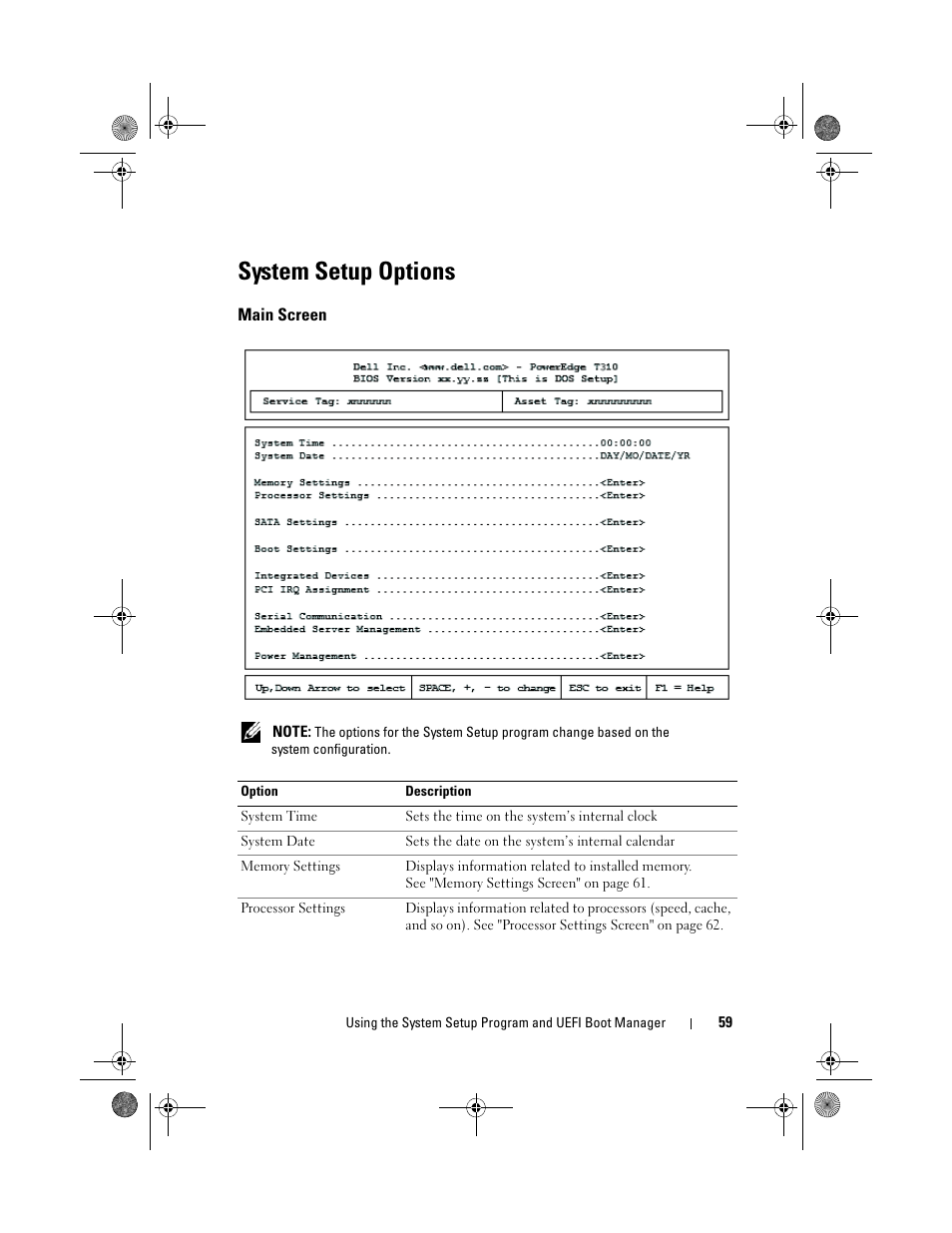 System setup options, Main screen | Dell PowerEdge T310 User Manual | Page 59 / 194