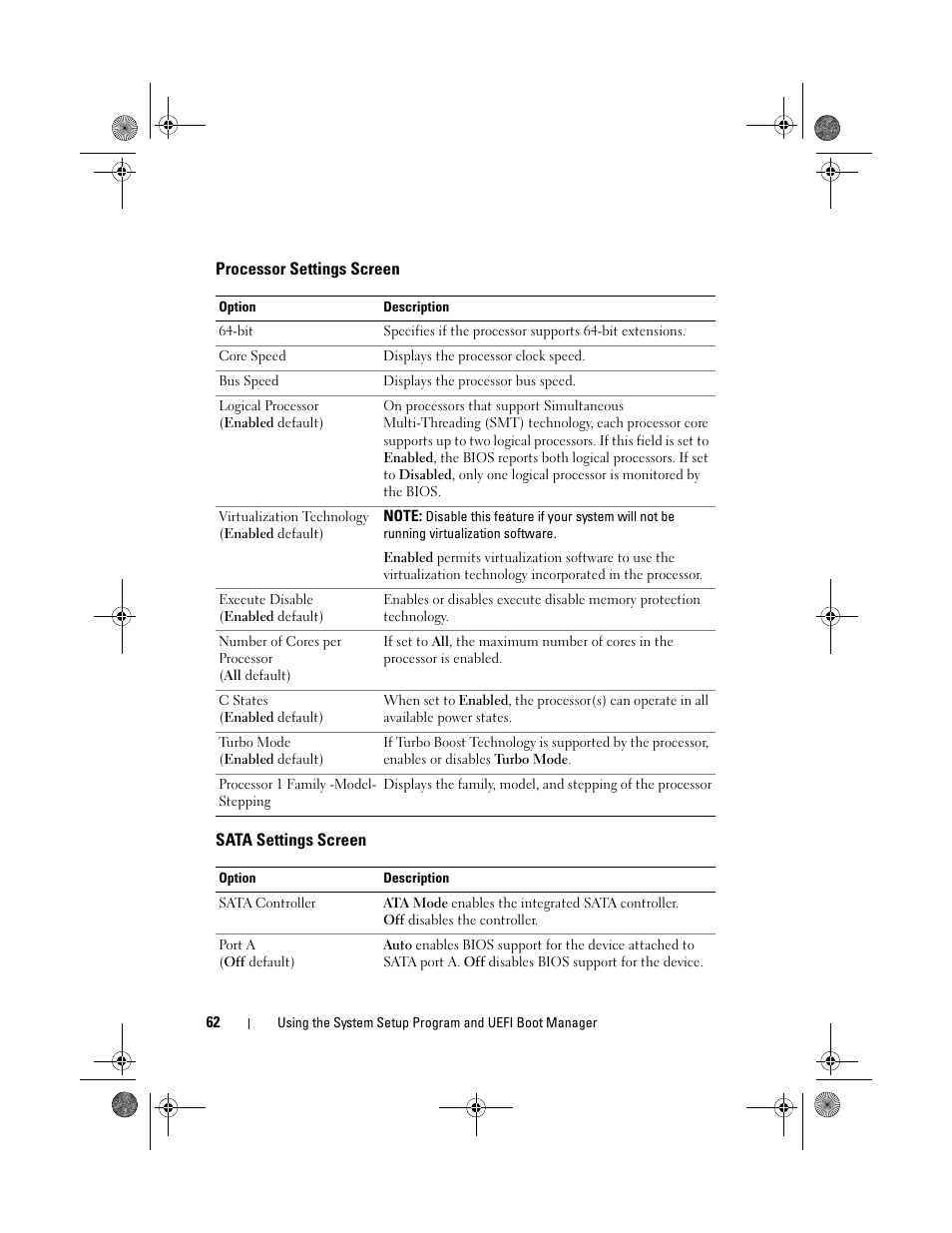 Processor settings screen, Sata settings screen | Dell PowerEdge T310 User Manual | Page 62 / 194