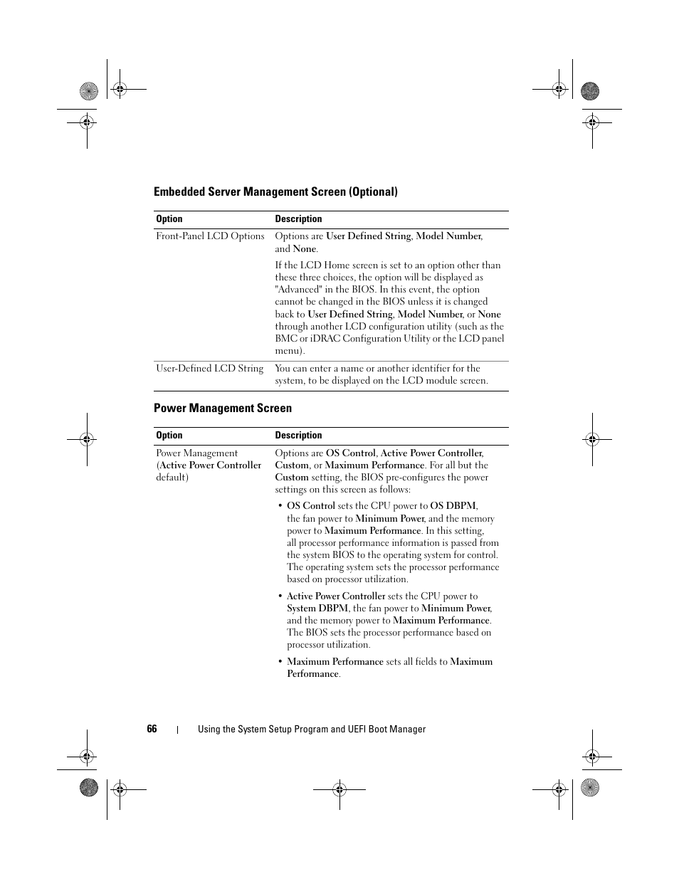 Embedded server management screen (optional), Power management screen | Dell PowerEdge T310 User Manual | Page 66 / 194
