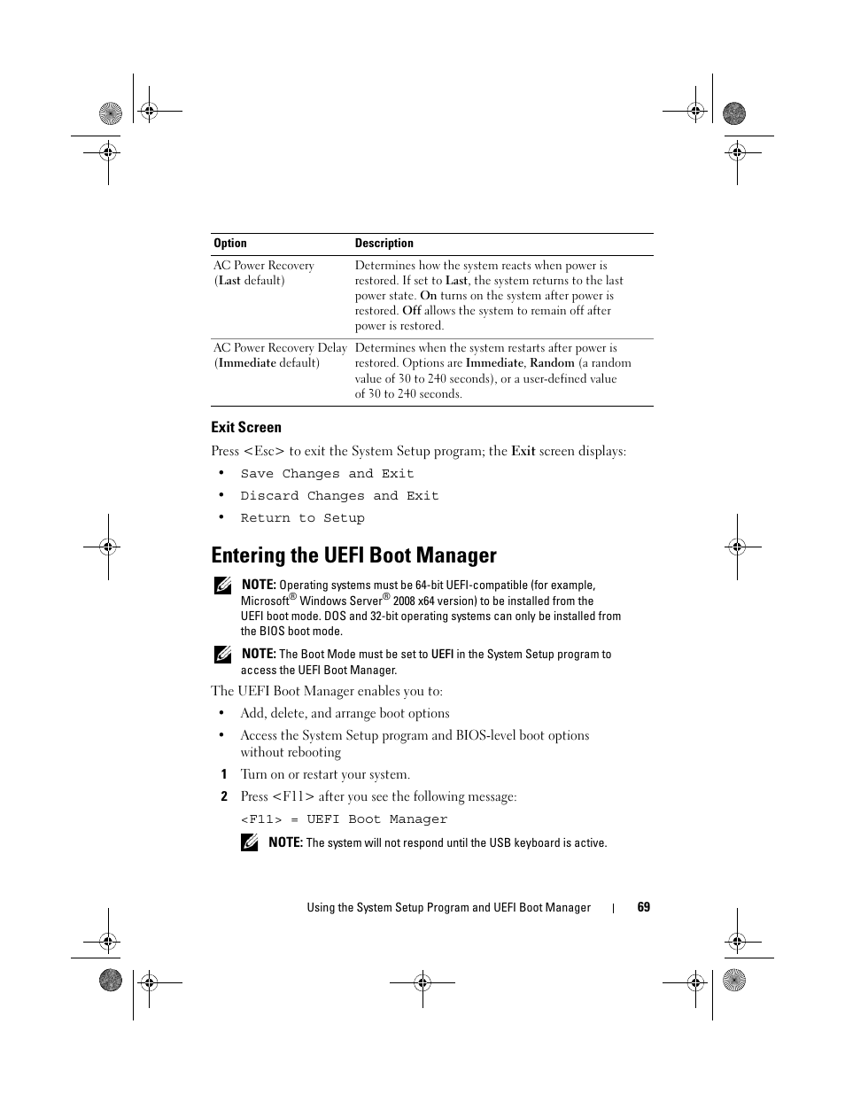 Exit screen, Entering the uefi boot manager | Dell PowerEdge T310 User Manual | Page 69 / 194