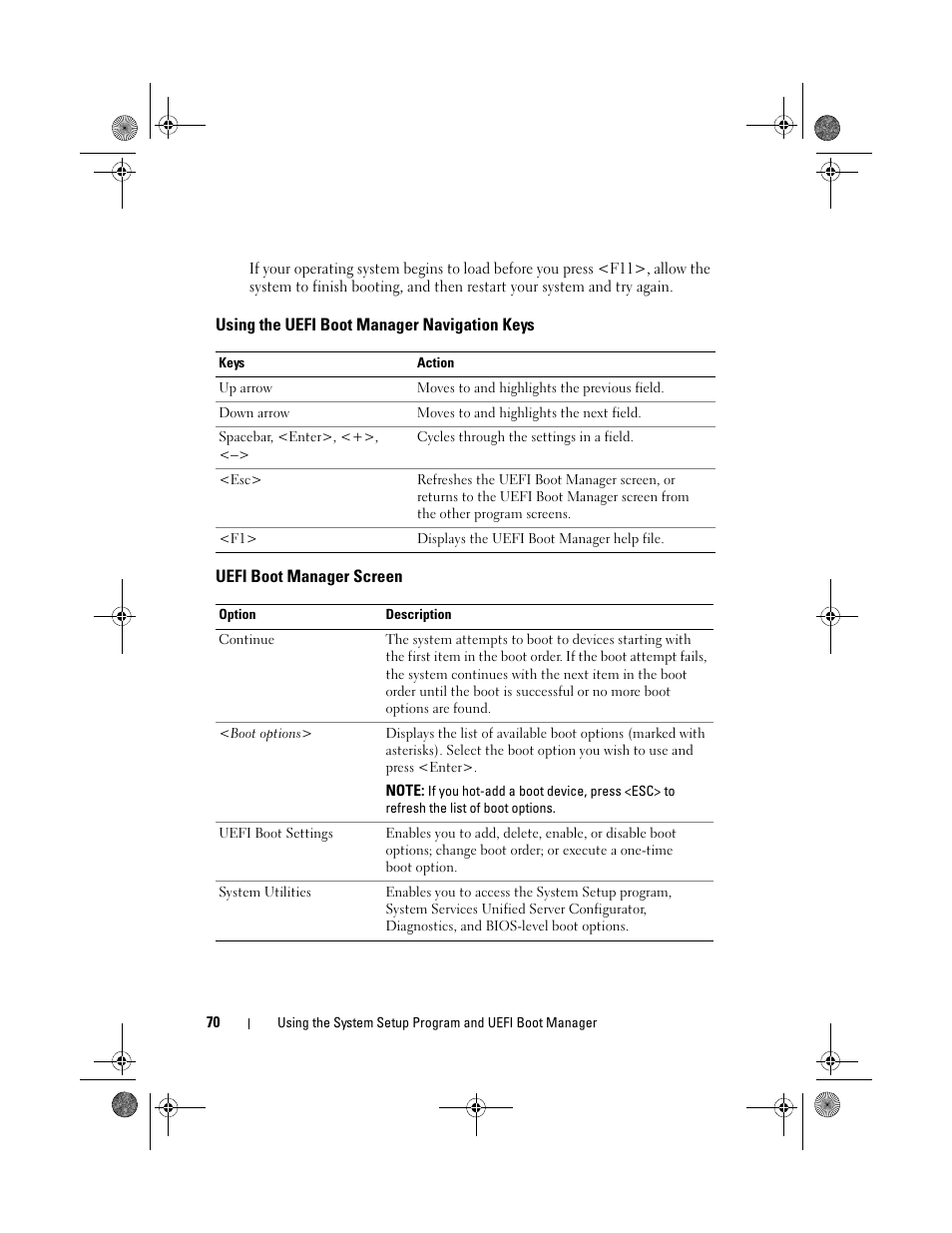 Using the uefi boot manager navigation keys, Uefi boot manager screen | Dell PowerEdge T310 User Manual | Page 70 / 194