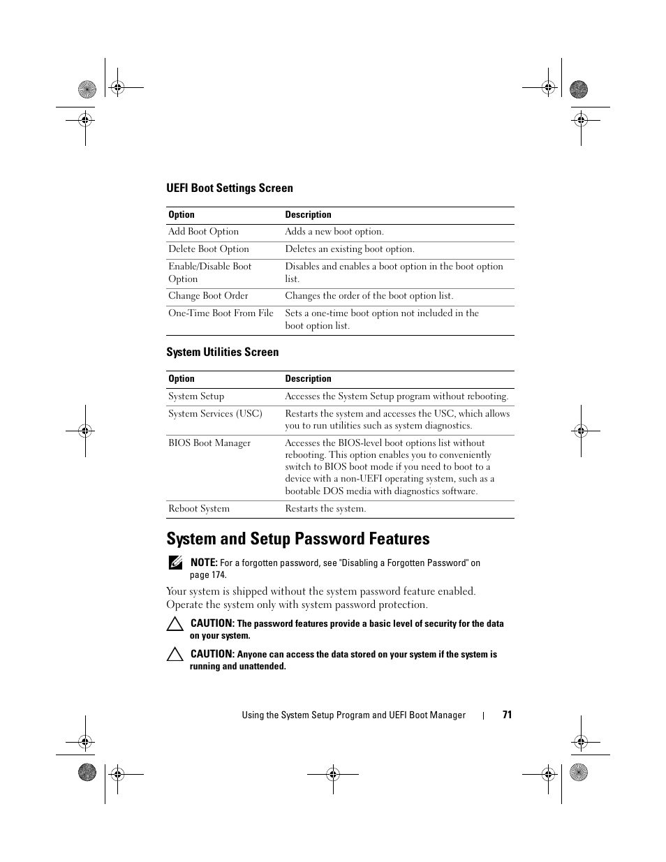 Uefi boot settings screen, System utilities screen, System and setup password features | Dell PowerEdge T310 User Manual | Page 71 / 194
