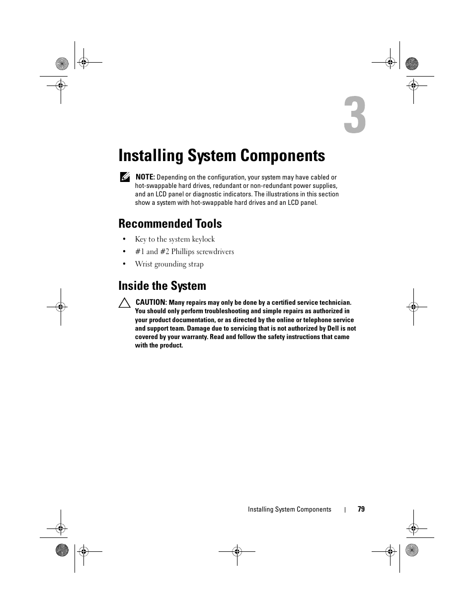 Installing system components, Recommended tools, Inside the system | Dell PowerEdge T310 User Manual | Page 79 / 194