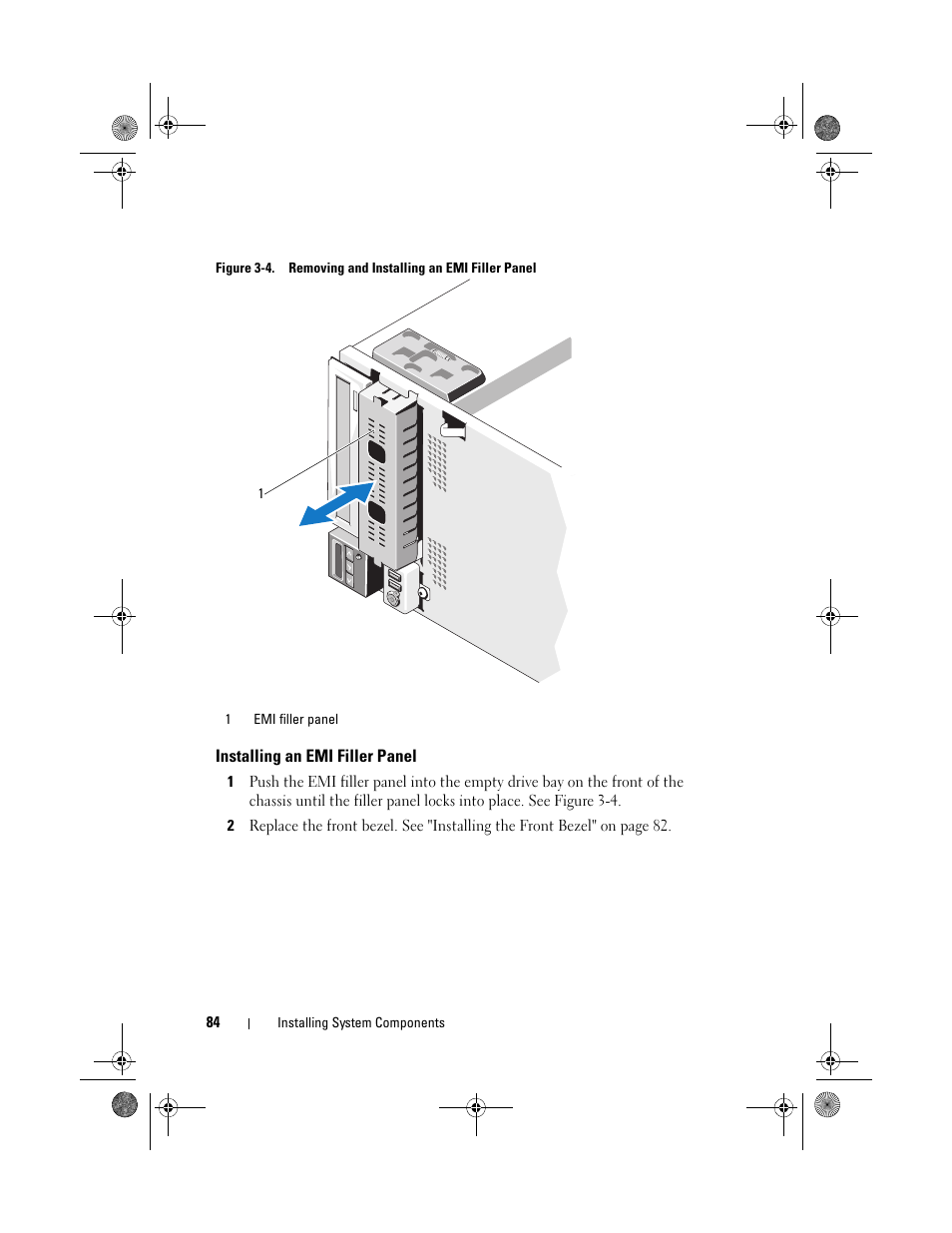Installing an emi filler panel | Dell PowerEdge T310 User Manual | Page 84 / 194
