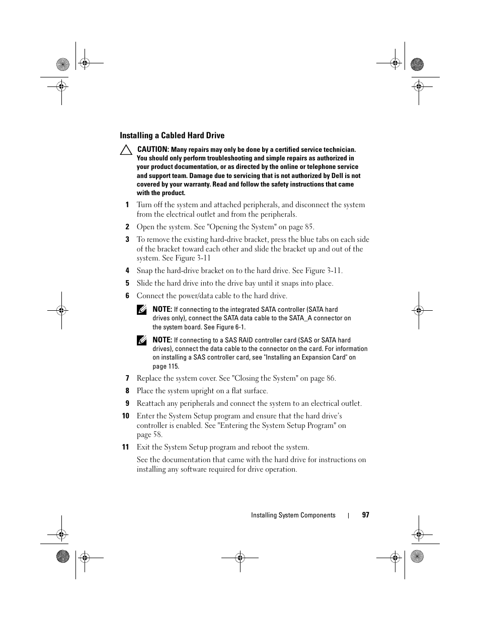 Installing a cabled hard drive | Dell PowerEdge T310 User Manual | Page 97 / 194