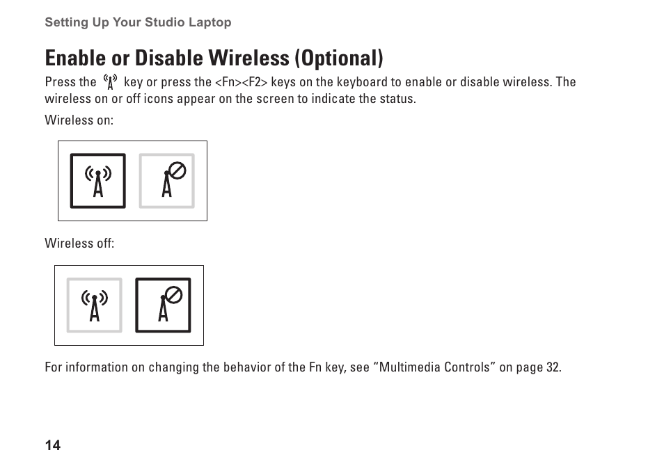 Enable or disable wireless (optional) | Dell Studio 1747 (Late 2009) User Manual | Page 16 / 102