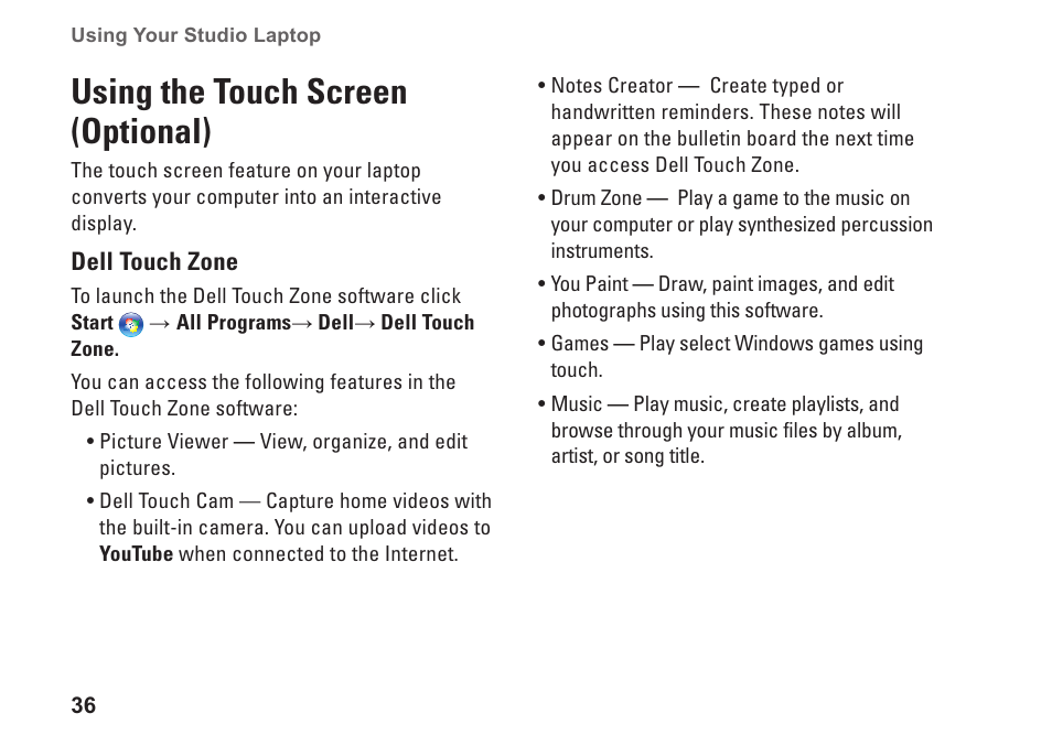 Using the touch screen (optional) | Dell Studio 1747 (Late 2009) User Manual | Page 38 / 102