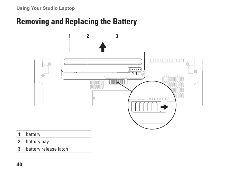 Removing and replacing the battery | Dell Studio 1747 (Late 2009) User Manual | Page 42 / 102