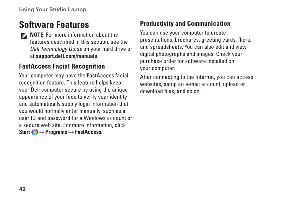 Software features | Dell Studio 1747 (Late 2009) User Manual | Page 44 / 102