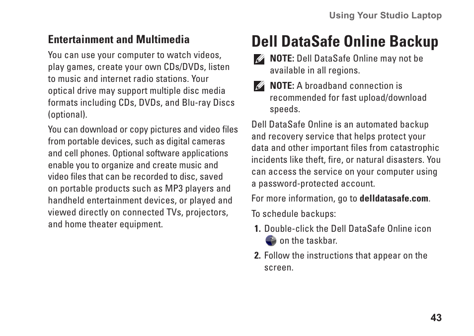 Dell datasafe online backup | Dell Studio 1747 (Late 2009) User Manual | Page 45 / 102