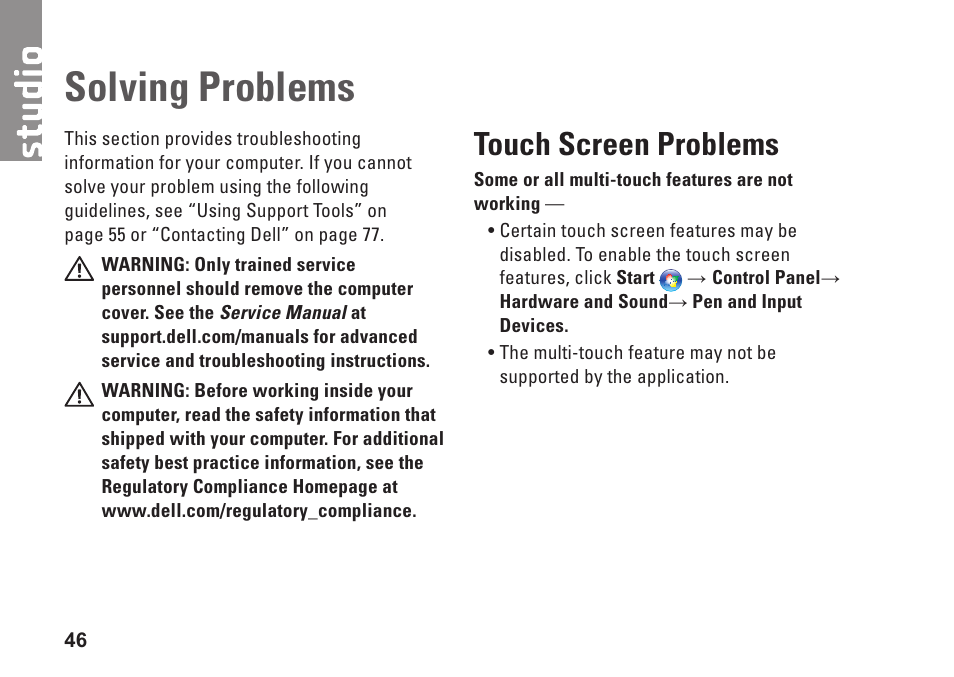Solving problems, Touch screen problems | Dell Studio 1747 (Late 2009) User Manual | Page 48 / 102