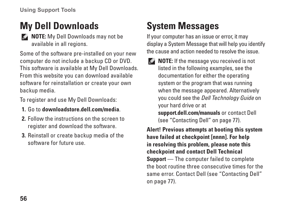 My dell downloads, System messages, My dell downloads system messages | Dell Studio 1747 (Late 2009) User Manual | Page 58 / 102