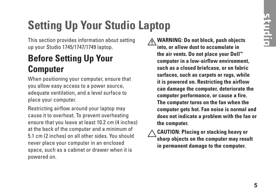 Setting up your studio laptop, Before setting up your computer | Dell Studio 1747 (Late 2009) User Manual | Page 7 / 102