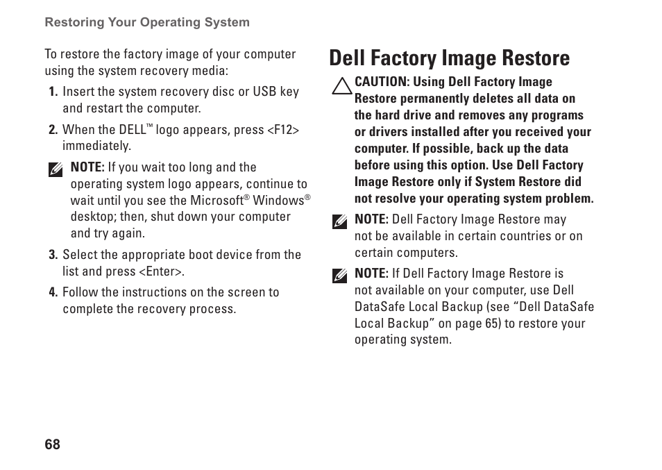 Dell factory image restore | Dell Studio 1747 (Late 2009) User Manual | Page 70 / 102