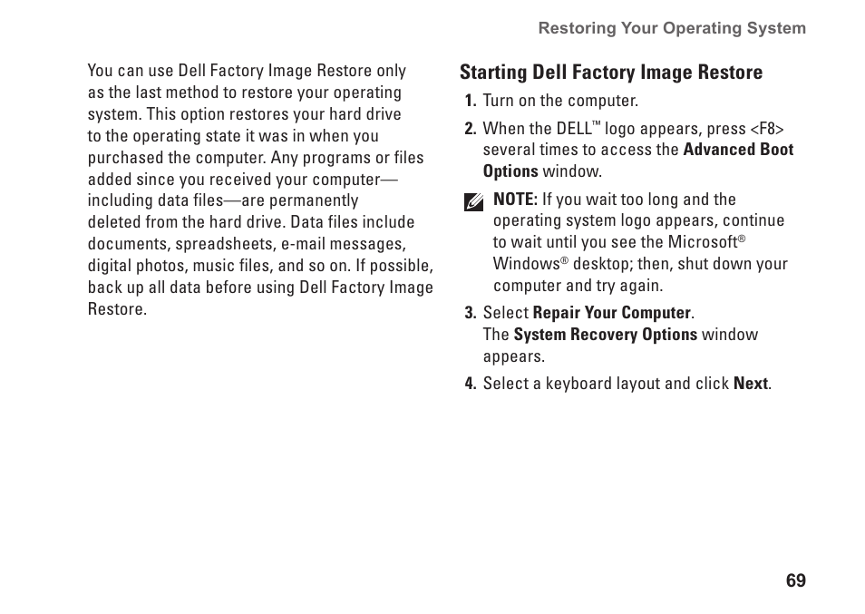 Starting dell factory image restore | Dell Studio 1747 (Late 2009) User Manual | Page 71 / 102