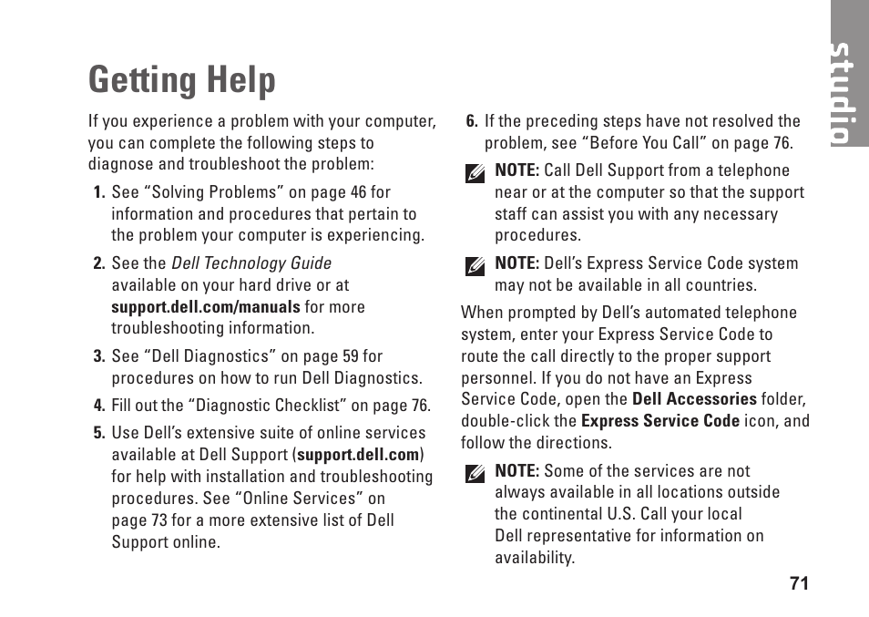 Getting help | Dell Studio 1747 (Late 2009) User Manual | Page 73 / 102