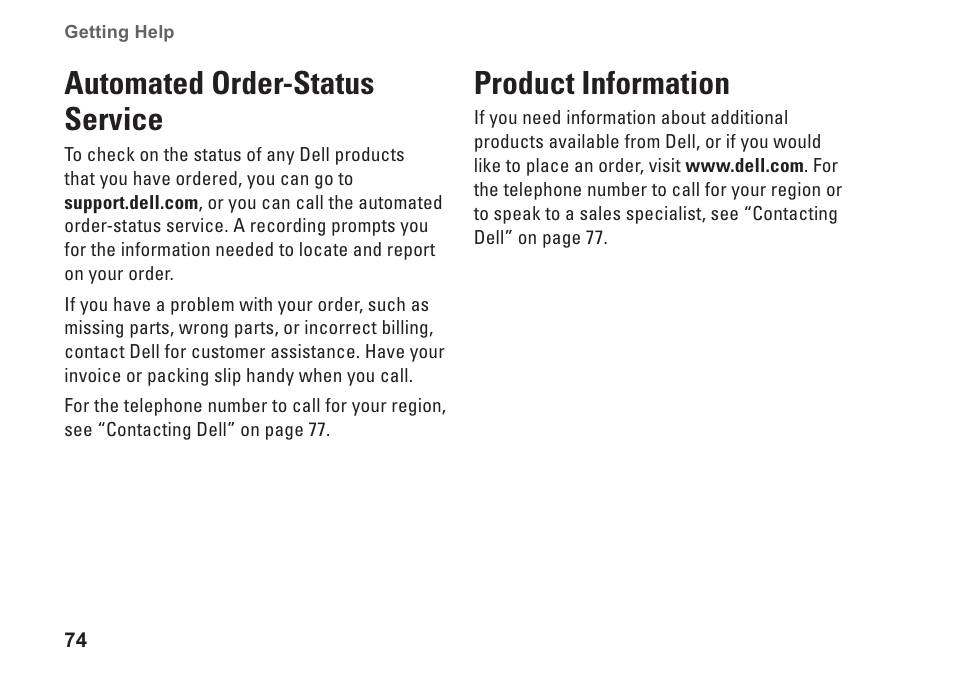 Automated order-status service, Product information, Automated order-status service product information | Dell Studio 1747 (Late 2009) User Manual | Page 76 / 102