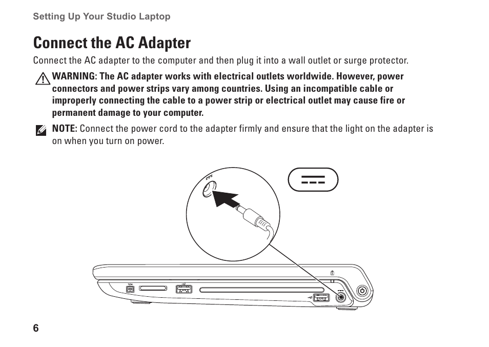 Connect the ac adapter | Dell Studio 1747 (Late 2009) User Manual | Page 8 / 102