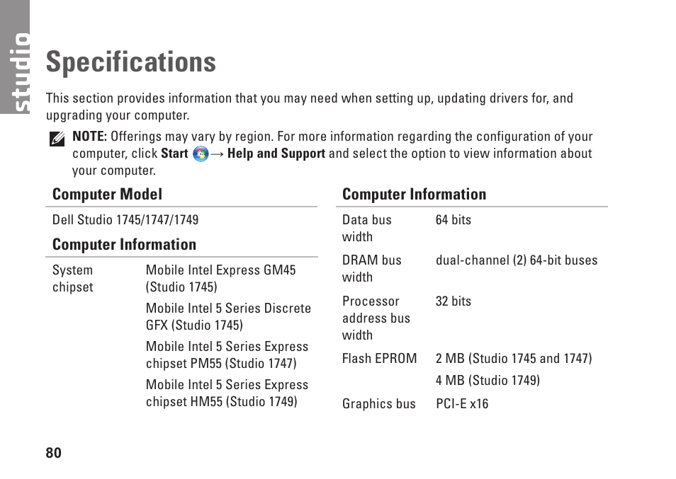 Specifications | Dell Studio 1747 (Late 2009) User Manual | Page 82 / 102