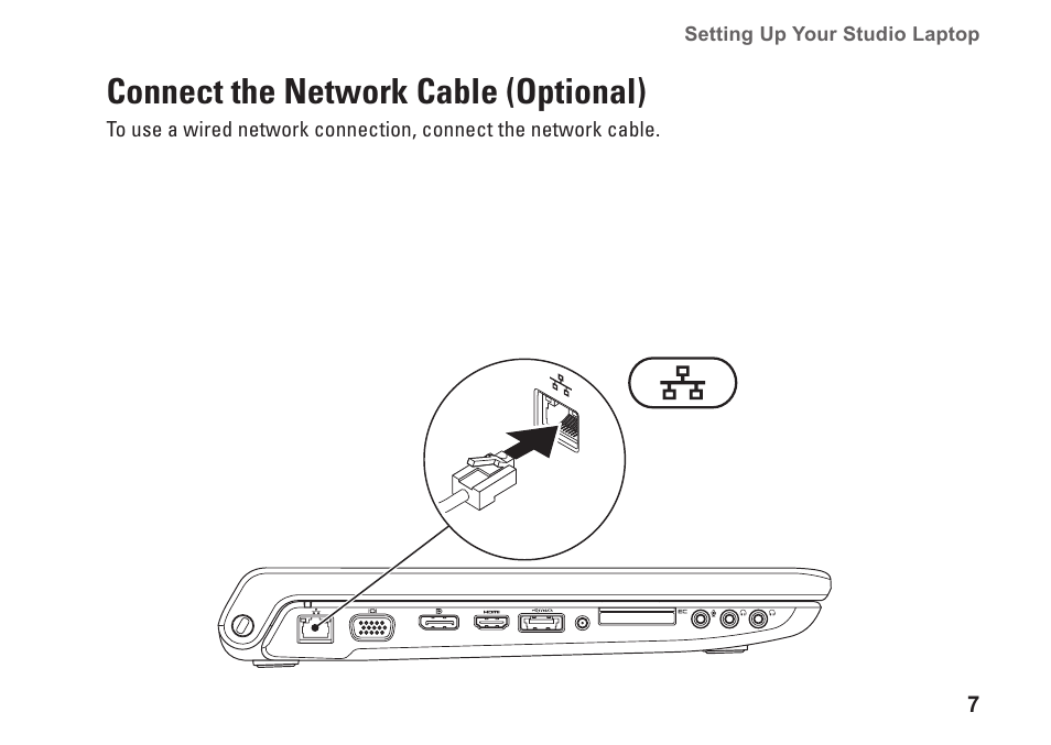 Connect the network cable (optional) | Dell Studio 1747 (Late 2009) User Manual | Page 9 / 102