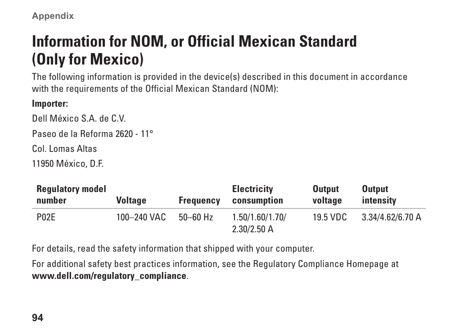 Information for nom, or official mexican, Standard (only for mexico) | Dell Studio 1747 (Late 2009) User Manual | Page 96 / 102